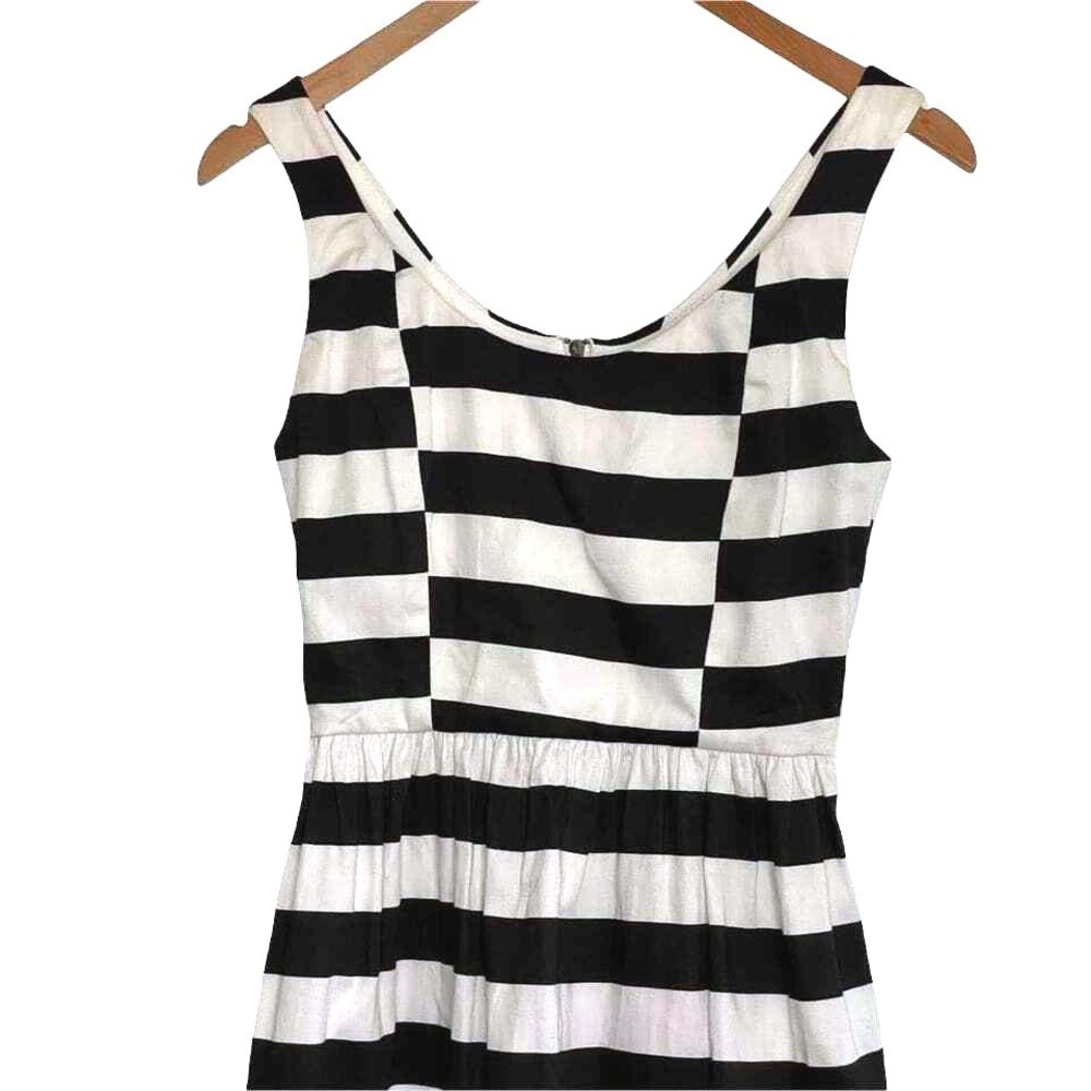 Aqua Striped Fit and Flare Dress Women XS NWT Pockets Back Zip Black White Retro - Picture 3 of 8